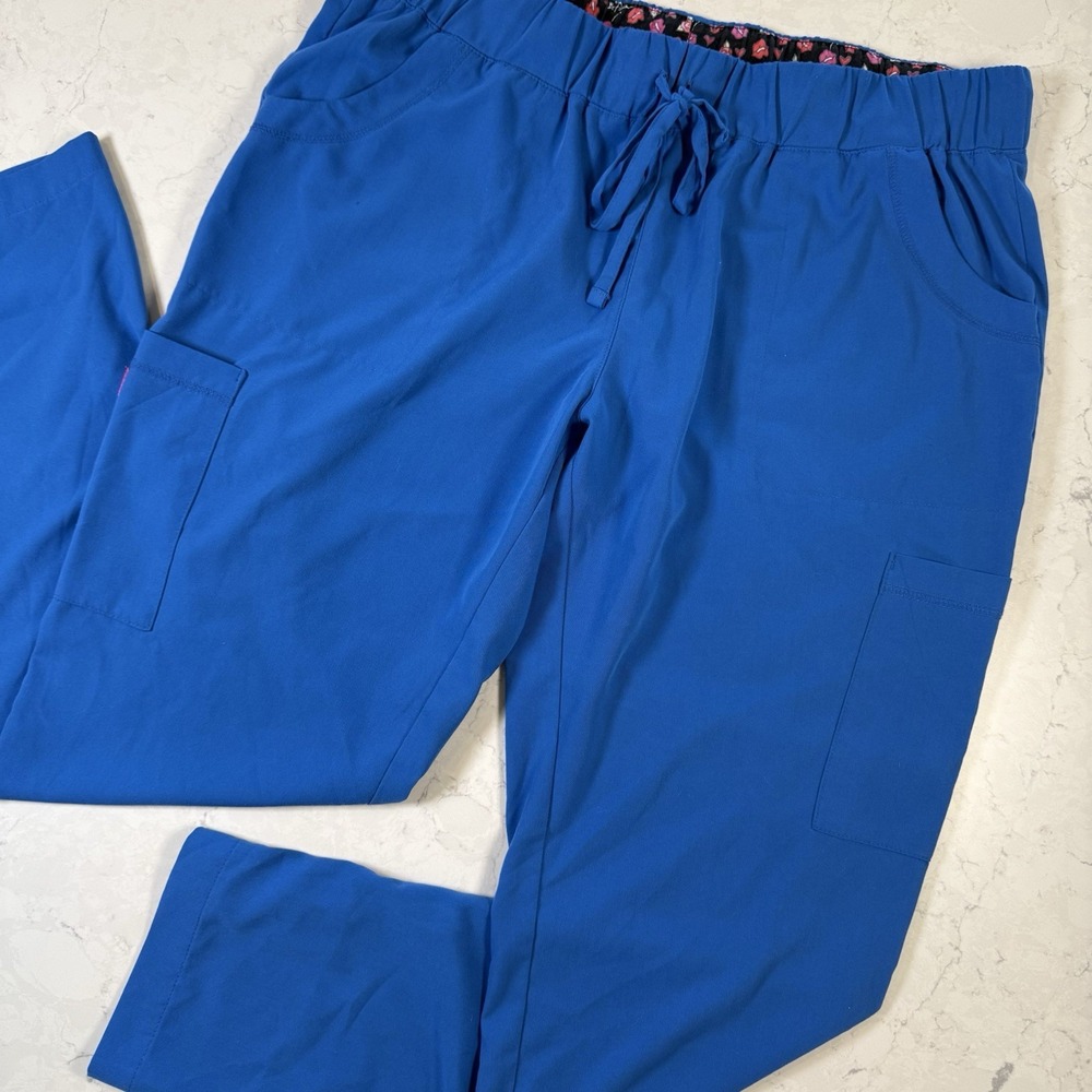 Betsey Johnson Blu Jogger Pants Scrubs Heart Lips Drawstring Waistband Pockets L